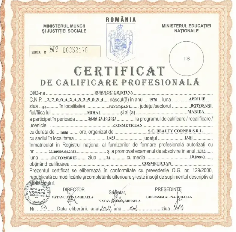 Acreditari si specializari - Marabucenter_Cristina_Busuioc_diploma_cosmeticiana