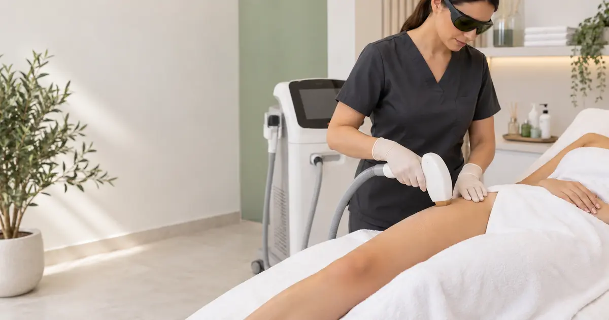 Epilare inghinala laser Bacau – imagine reprezentativa Imagine reprezentativa pentru epilare inghinala laser Bacau, cu tehniciana si aparat laser