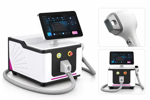 Aparat de epilare laser cu 4 lungimi de undă – Marabu Center Bacău Aparat de epilare laser cu 4 lungimi de undă utilizat la Marabu Center Bacău, cu vedere frontală și detaliul capului de tratament.