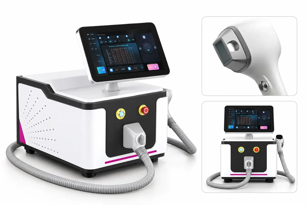Epilare laser facială Bacău: aparat cu patru lungimi de undă, ecran și cap de tratament răcit, utilizat la Marabu Center.